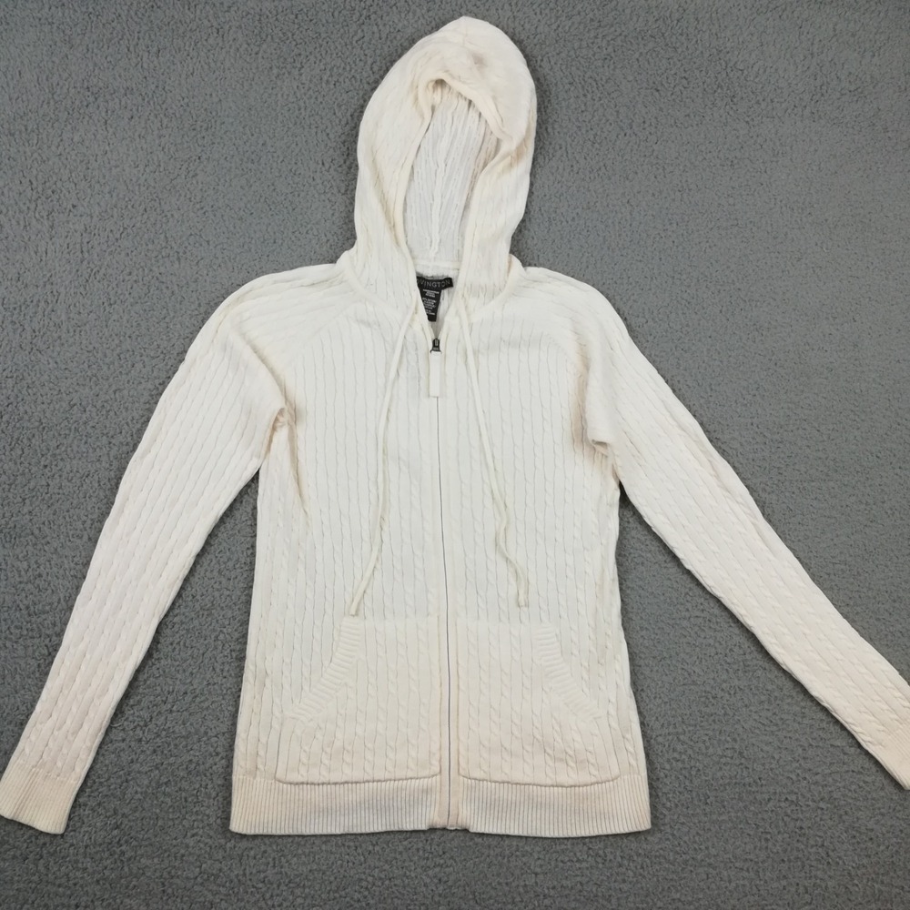 Covington‎ Womens Sweater Cable Knit Hooded Off White Full Zip Jacket S New